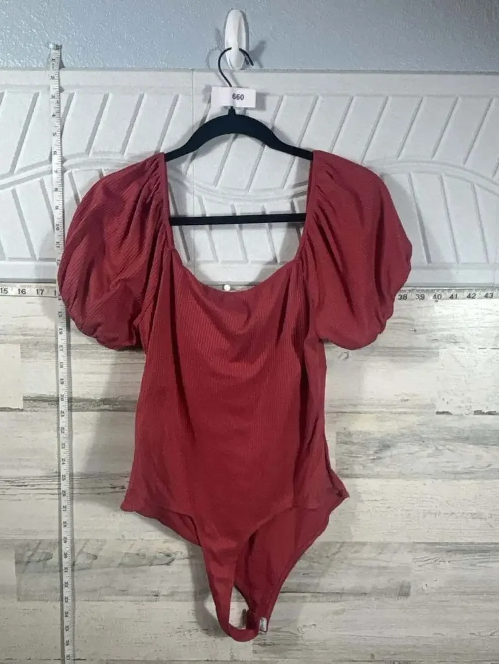 Haute Monde Red Rib-Knit Puff Sleeve Ruched Bust Bodysuit XL